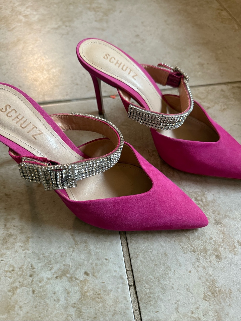 SCHUTZ Fuchsia Suede Pointed-Toe Slingback Heels with Rhinestone Strap